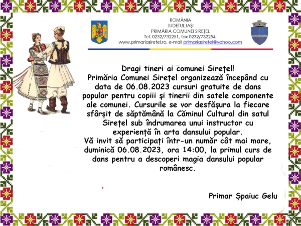 Cursuri gratuite de dans popular pentru copiii și tinerii din satele comunei Sirețel începând cu data de 06.08.2023