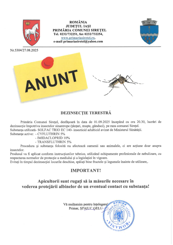 Anunț dezinsecție terestră în data de 01.09.2025 ora 20.30 pe raza comunei Sirețel