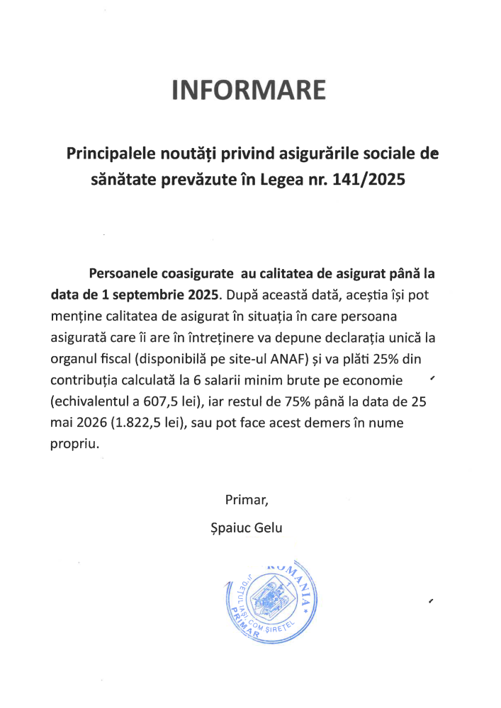 Principalele noutăți privind asigurările sociale de sănătate prevăzute în Legea nr. 141/2025