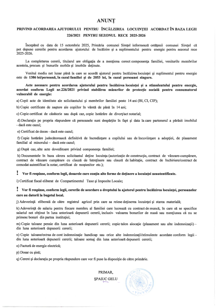 Anunț privind acordarea ajutorului pentru încălzirea locuinței acordat în baza Legii 226/2021 pentru sezonul rece 2025-2026
