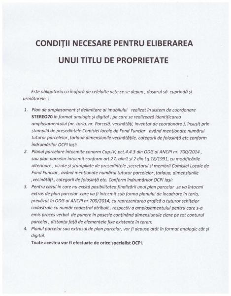 Condiții necesare pentru eliberarea unui titlu de proprietate