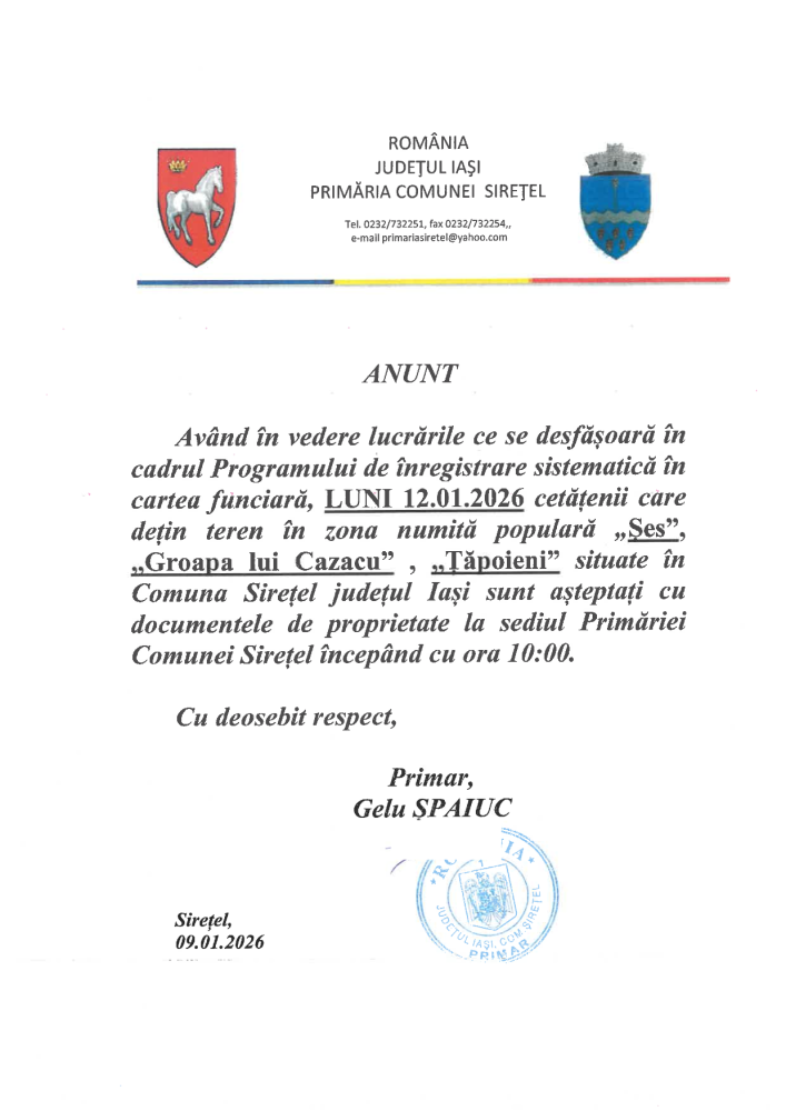 Anunț privind Programul de înregistrare sistematică în cartea funciară