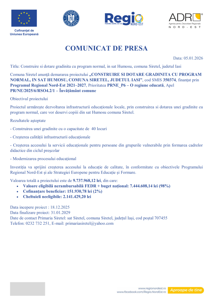 Comunicat de presă demarare proiect „Construire și dotare grădiniță cu program normal, în sat Humosu, comuna Sirețel, județul Iași