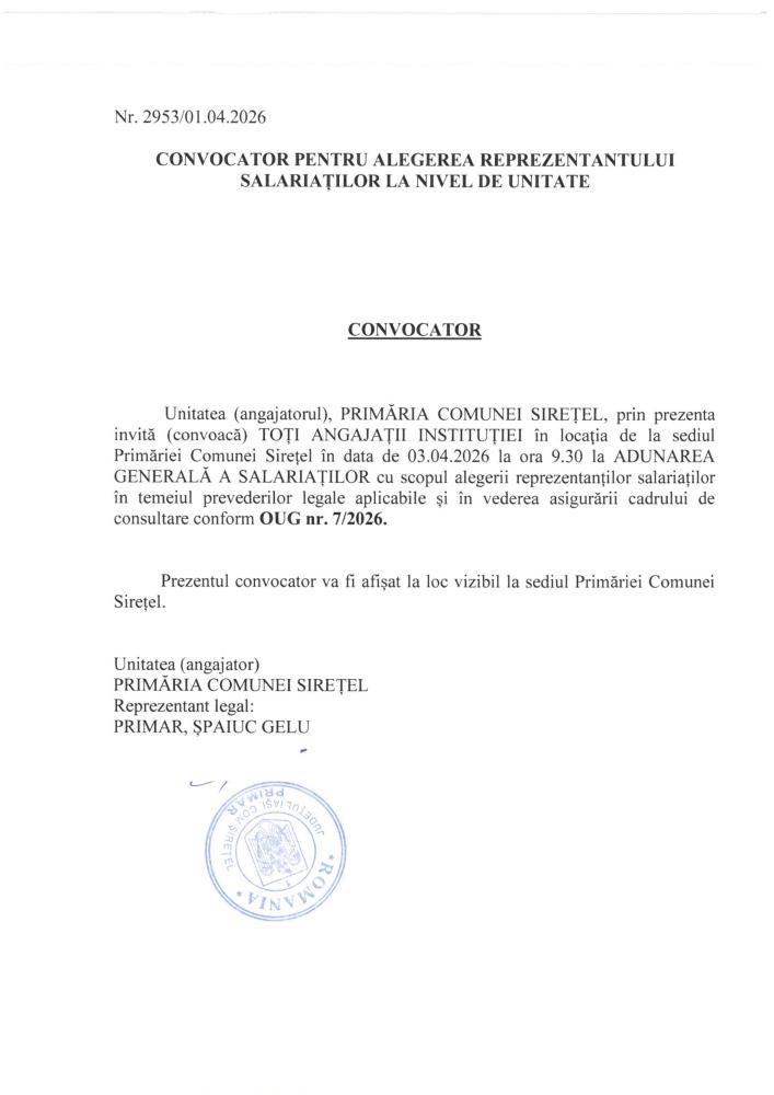 Convocator pentru alegerea reprezentantului salariaților la nivel de unitate în data de 03.04.2026 ora 9.30
