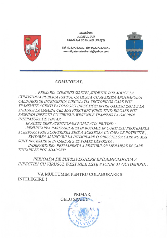 Comunicat Perioadă de supraveghere epidemiologică a infecției cu virusul West Nile, 8 iunie - 31 octombrie