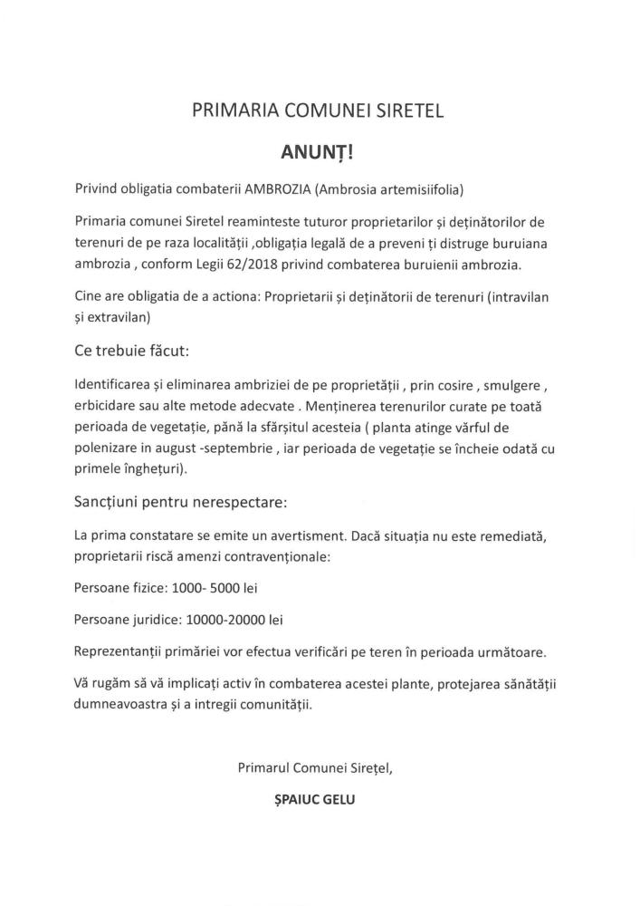 Anunț privind obligativitatea combaterii AMBROZIA (Ambrosia artemisiifolia)