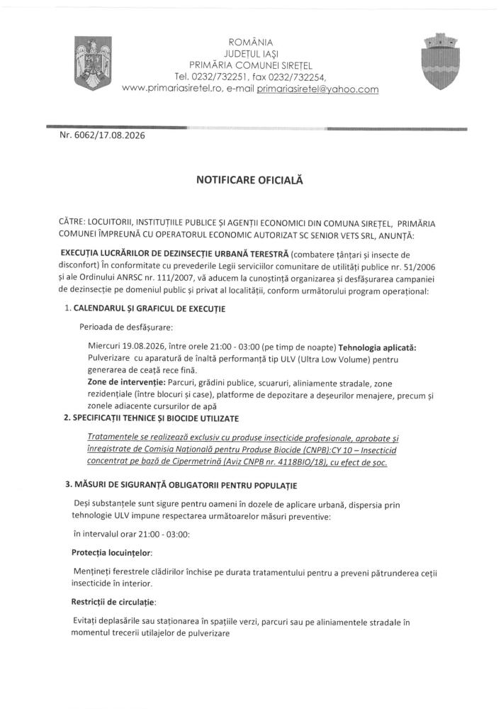 Notificare oficială execuție dezinsecție urbană terestră - miercuri 19.08.2026 între orele 21.00 - 03.00