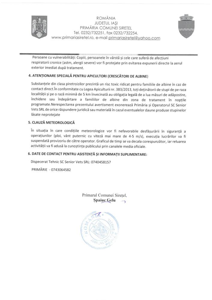 Notificare oficială execuție dezinsecție urbană terestră - miercuri 19.08.2026 între orele 21.00 - 03.00