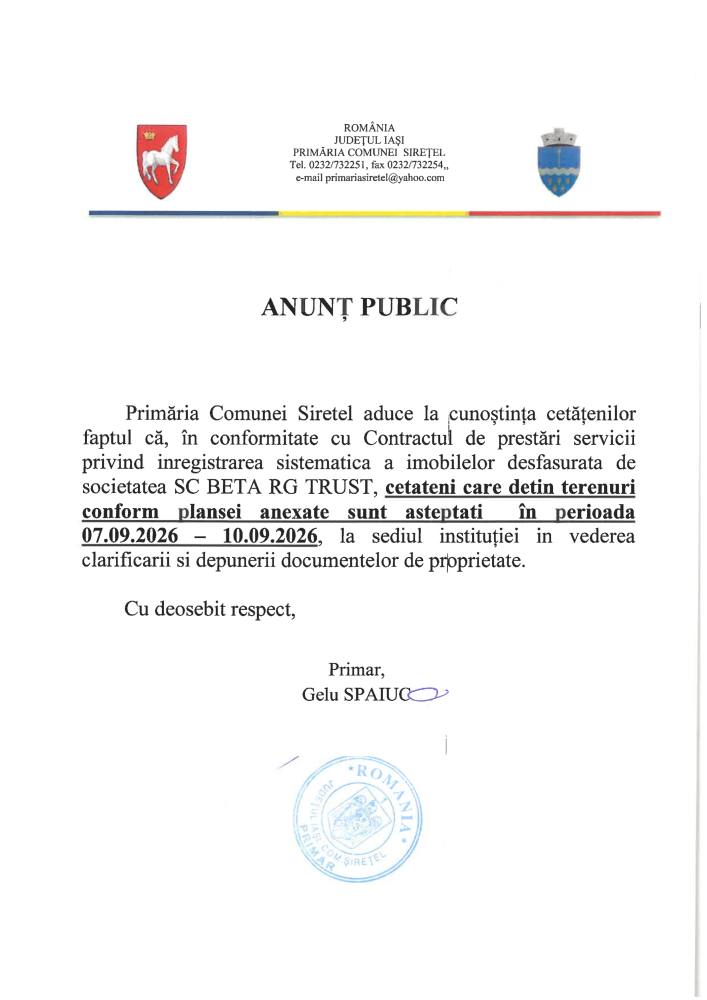 Anunț public privind înregistrarea sistematică a imobilelor