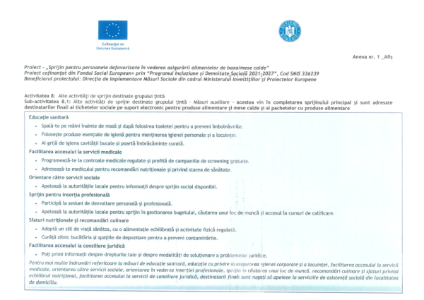 Proiect „Sprijin pentru persoanele defavorizate în vederea asigurării alimentelor de bază/mese calde